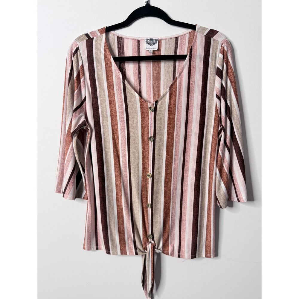 Late August Striped Button-Front Tie-Hem Blouse Pink Brown Medium